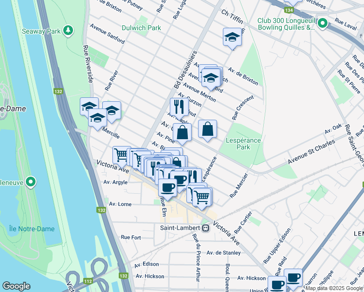 map of restaurants, bars, coffee shops, grocery stores, and more near 217 Rue Green in Saint-Lambert