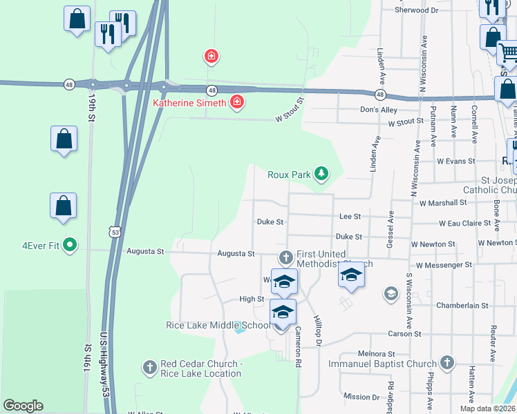 map of restaurants, bars, coffee shops, grocery stores, and more near 1414 West Marshall Street in Rice Lake