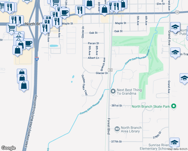map of restaurants, bars, coffee shops, grocery stores, and more near 6177 Glacier Dr in North Branch