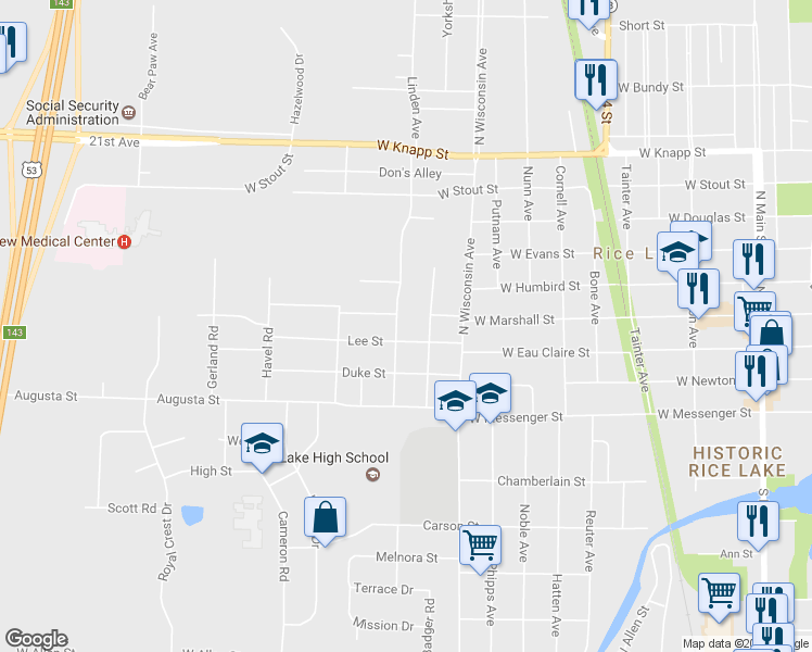 map of restaurants, bars, coffee shops, grocery stores, and more near 209 Linden Avenue in Rice Lake