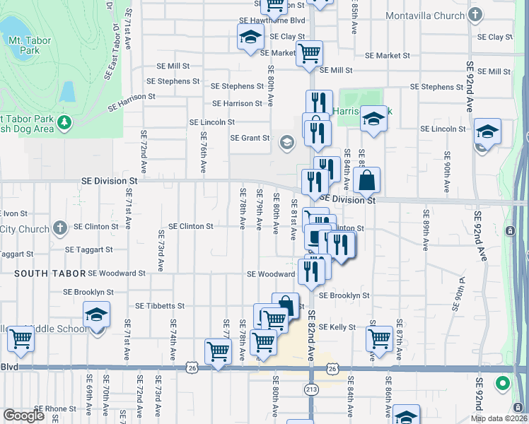 map of restaurants, bars, coffee shops, grocery stores, and more near 2604 Southeast 79th Avenue in Portland