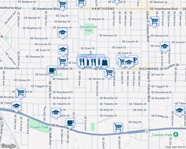 map of restaurants, bars, coffee shops, grocery stores, and more near 2546 Southeast 32nd Avenue in Portland