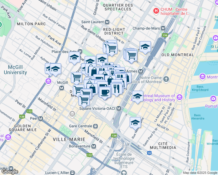 map of restaurants, bars, coffee shops, grocery stores, and more near 1097 Rue Saint-Alexandre in Montrã©Al