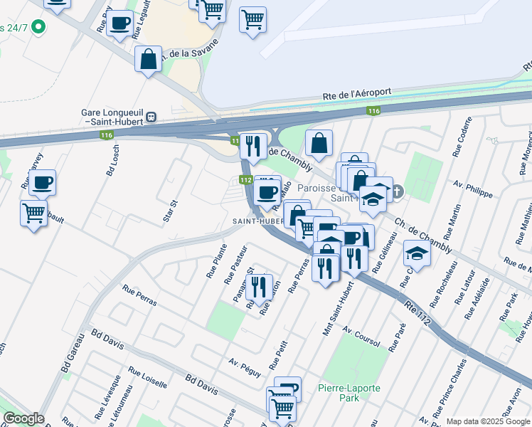 map of restaurants, bars, coffee shops, grocery stores, and more near 5060 Boulevard Cousineau in Longueuil