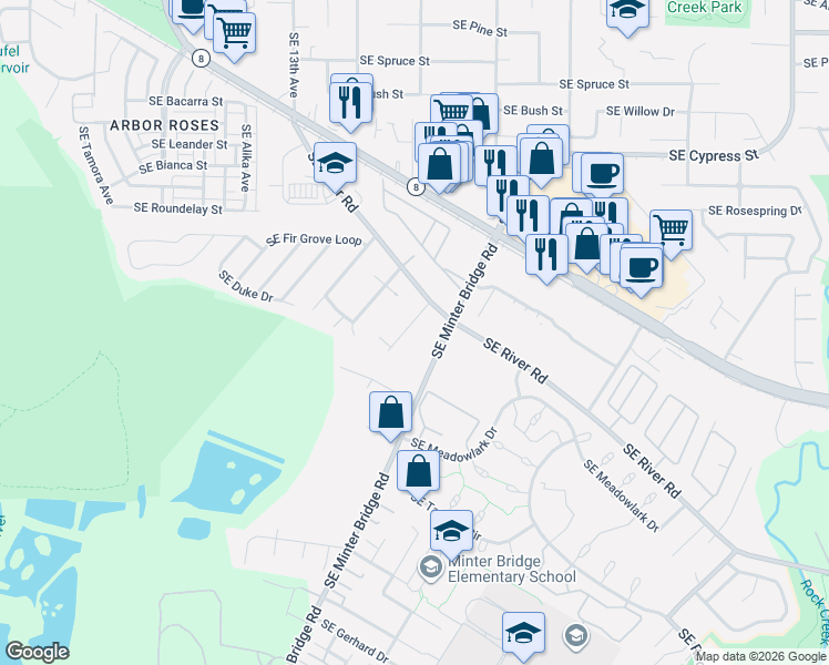 map of restaurants, bars, coffee shops, grocery stores, and more near 2080 Southeast Currin Lane in Hillsboro