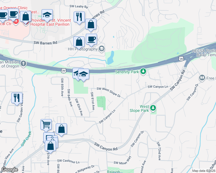 map of restaurants, bars, coffee shops, grocery stores, and more near 2160 Southwest 79th Avenue in Portland