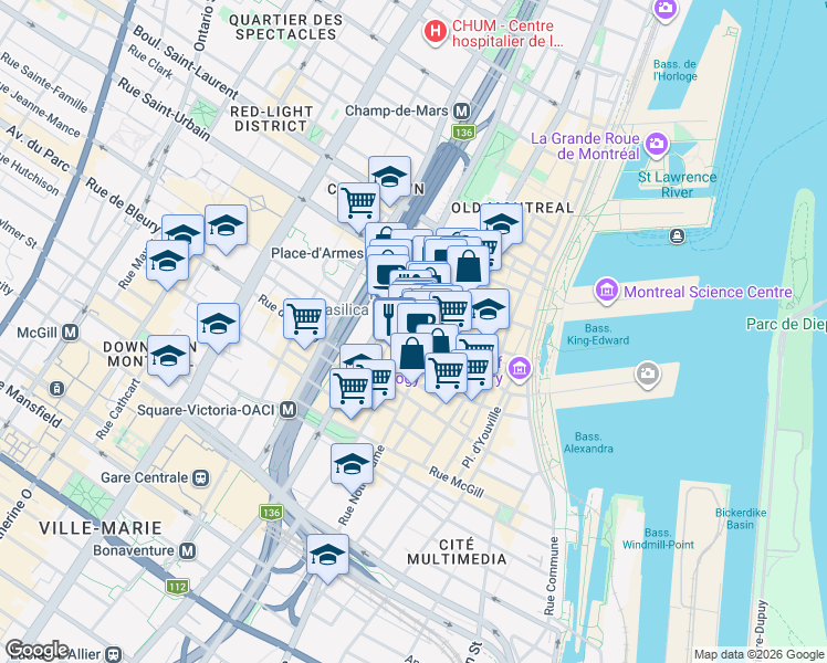 map of restaurants, bars, coffee shops, grocery stores, and more near 210 Saint Jacques Street in Montreal