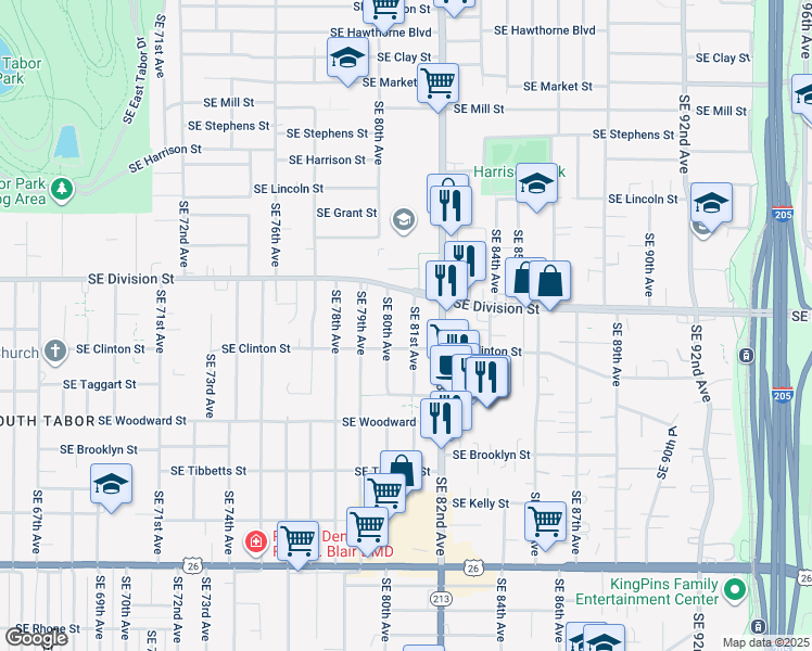 map of restaurants, bars, coffee shops, grocery stores, and more near 2615 Southeast 81st Avenue in Portland