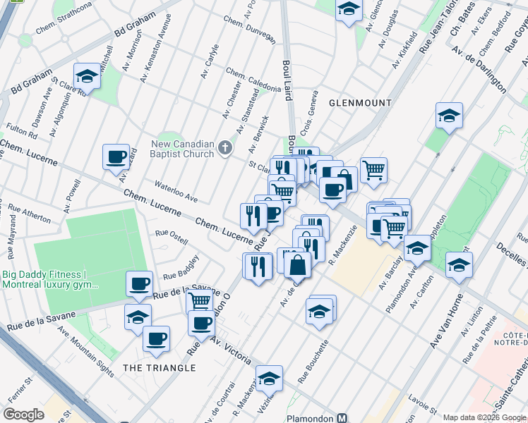map of restaurants, bars, coffee shops, grocery stores, and more near 594 Avenue Abercorn in Mont-Royal