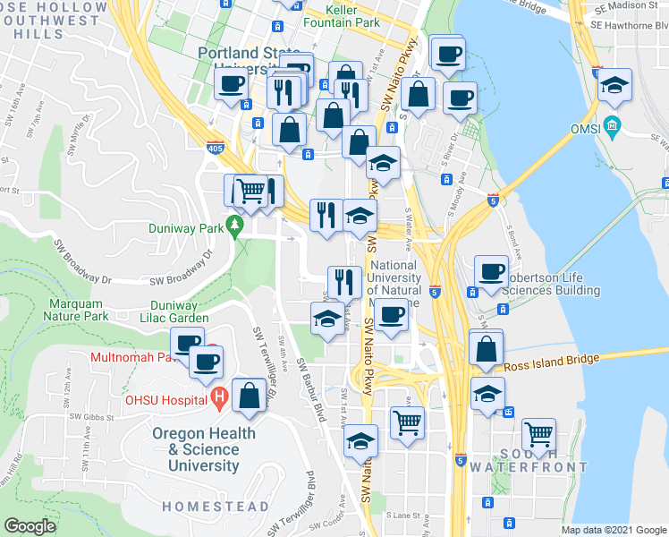map of restaurants, bars, coffee shops, grocery stores, and more near 2525 Southwest 1st Avenue in Portland