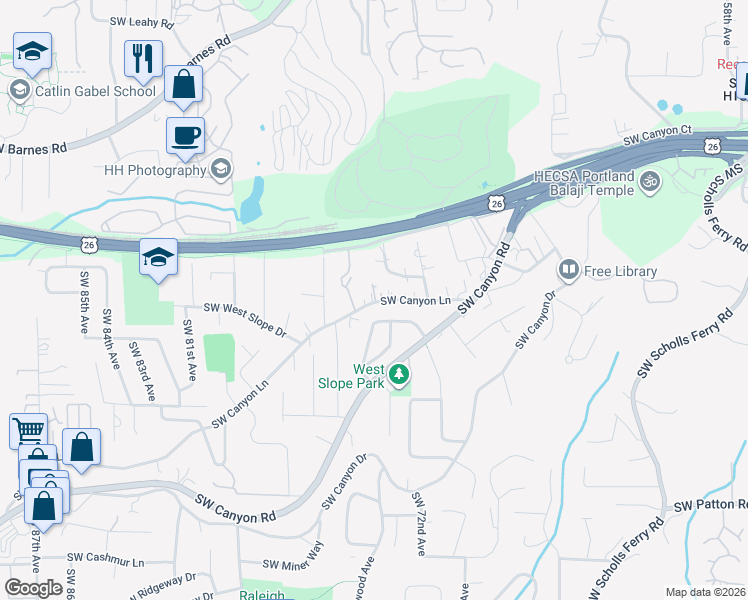 map of restaurants, bars, coffee shops, grocery stores, and more near 7277 Southwest Canyon Lane in Portland