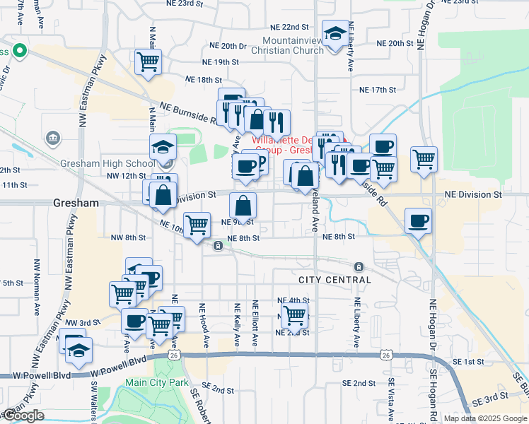 map of restaurants, bars, coffee shops, grocery stores, and more near 909 Northeast Linden Avenue in Gresham