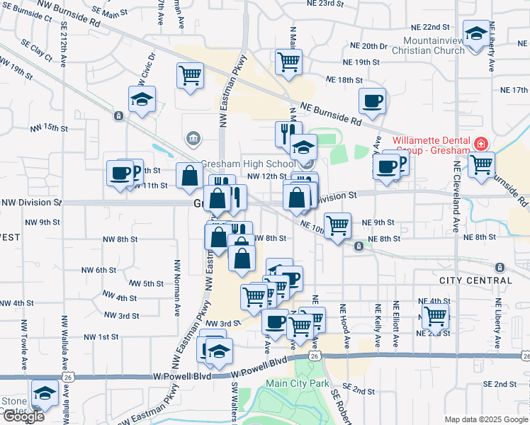 map of restaurants, bars, coffee shops, grocery stores, and more near 894 Northwest Mignonette Avenue in Gresham