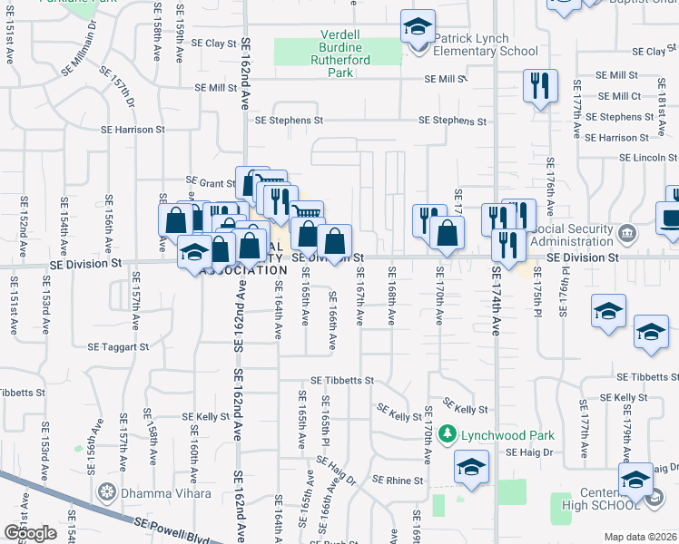 map of restaurants, bars, coffee shops, grocery stores, and more near 16650 Southeast Division Street in Portland