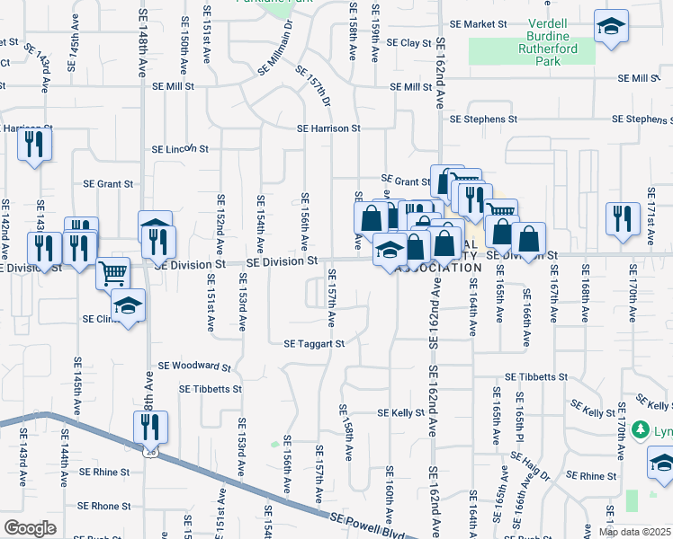 map of restaurants, bars, coffee shops, grocery stores, and more near 15656 Southeast Division Street in Portland