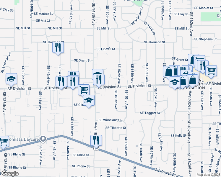 map of restaurants, bars, coffee shops, grocery stores, and more near 15040 Southeast Division Street in Portland