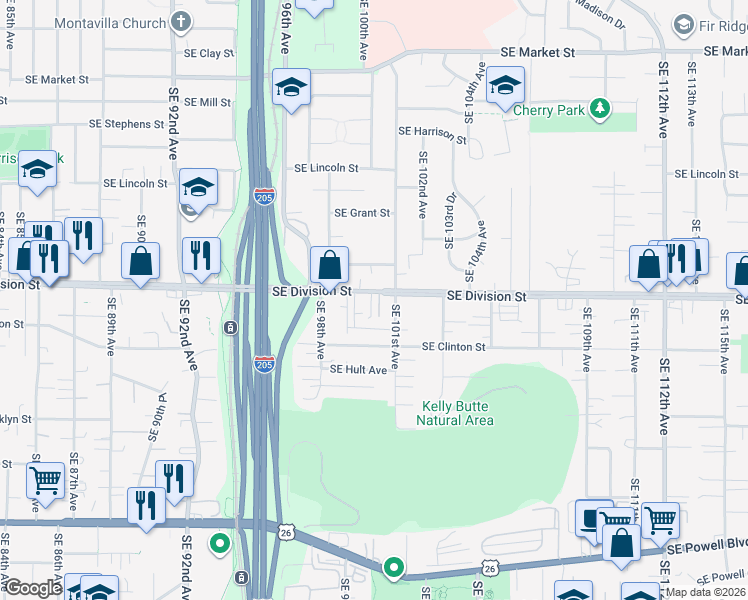 map of restaurants, bars, coffee shops, grocery stores, and more near 10024 Southeast Division Street in Portland