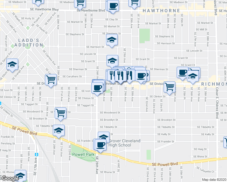 map of restaurants, bars, coffee shops, grocery stores, and more near 2603 Southeast 28th Place in Portland