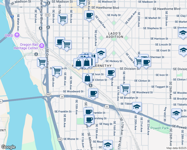 map of restaurants, bars, coffee shops, grocery stores, and more near 2606 Southeast 12th Avenue in Portland