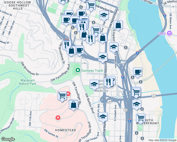 map of restaurants, bars, coffee shops, grocery stores, and more near 410 South Arthur Street in Portland