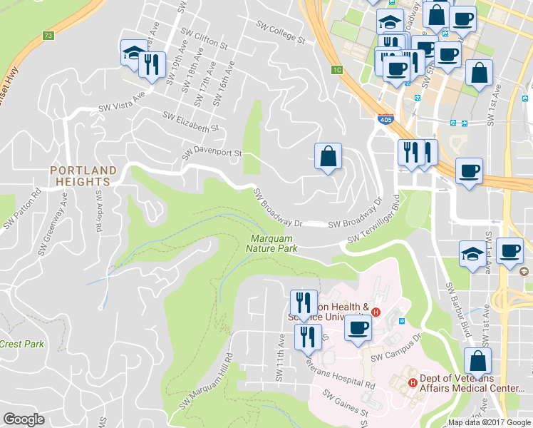 map of restaurants, bars, coffee shops, grocery stores, and more near 1132 Southwest Broadway Drive in Portland