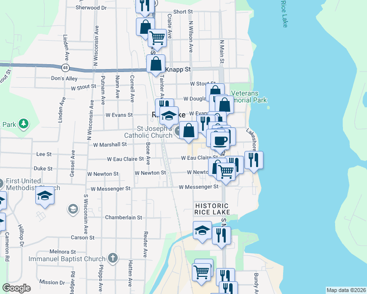 map of restaurants, bars, coffee shops, grocery stores, and more near 116 West Marshall Street in Rice Lake