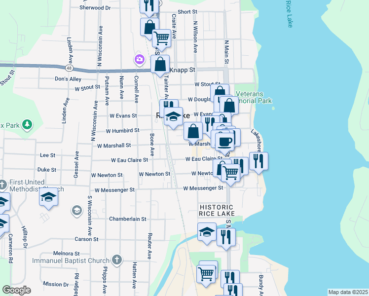 map of restaurants, bars, coffee shops, grocery stores, and more near 116 West Marshall Street in Rice Lake
