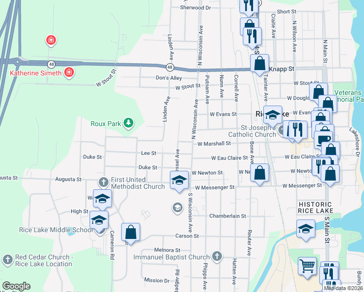 map of restaurants, bars, coffee shops, grocery stores, and more near 716 W Marshall St in Rice Lake