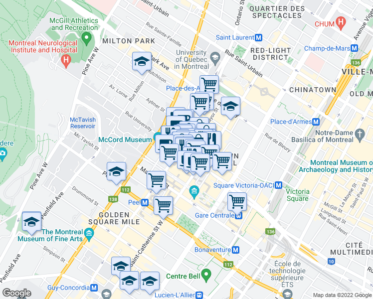 map of restaurants, bars, coffee shops, grocery stores, and more near 600 Boulevard de Maisonneuve Ouest in Montréal