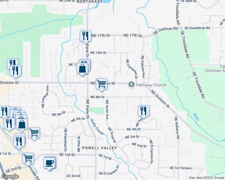 map of restaurants, bars, coffee shops, grocery stores, and more near 857 Northeast Hacienda Court in Gresham
