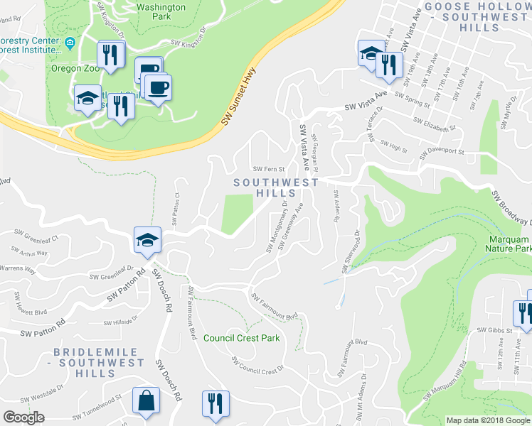 map of restaurants, bars, coffee shops, grocery stores, and more near 2757 Southwest Roswell Avenue in Portland