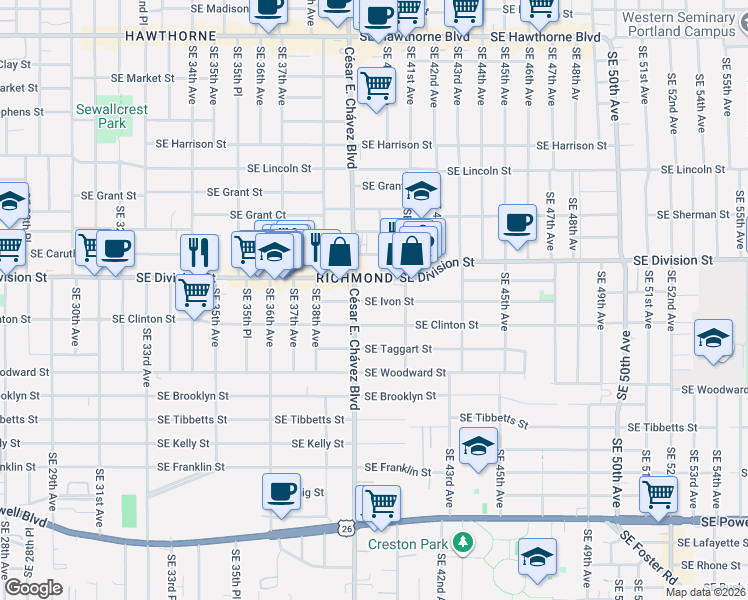 map of restaurants, bars, coffee shops, grocery stores, and more near 3924 Southeast Ivon Street in Portland