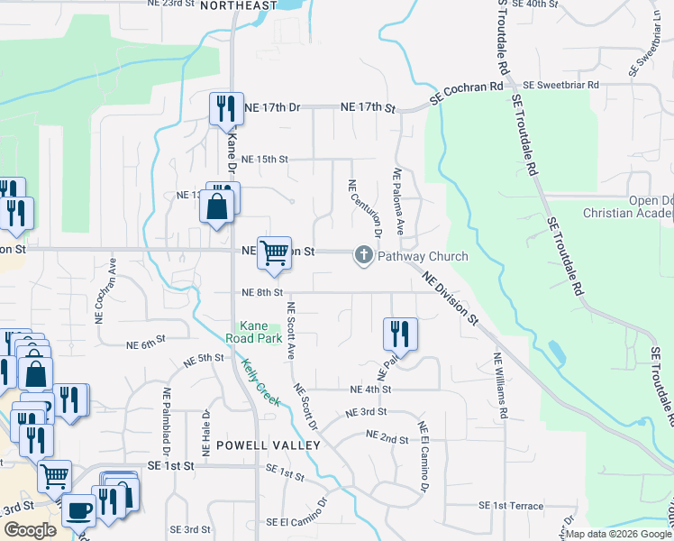 map of restaurants, bars, coffee shops, grocery stores, and more near 912 Northeast Hacienda Court in Gresham