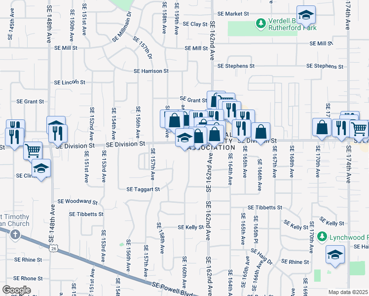 map of restaurants, bars, coffee shops, grocery stores, and more near 15936 Southeast Division Street in Portland
