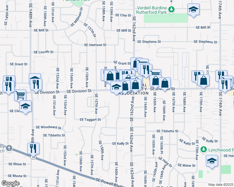 map of restaurants, bars, coffee shops, grocery stores, and more near 15936 Southeast Division Street in Portland