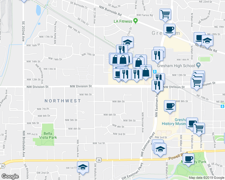 map of restaurants, bars, coffee shops, grocery stores, and more near 968 Northwest Division Street in Gresham