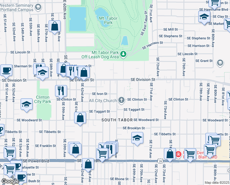 map of restaurants, bars, coffee shops, grocery stores, and more near 6635 Southeast Ivon Street in Portland