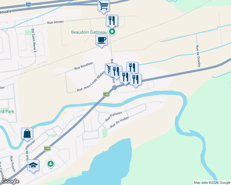 map of restaurants, bars, coffee shops, grocery stores, and more near 1772 Rue Schryer in Gatineau