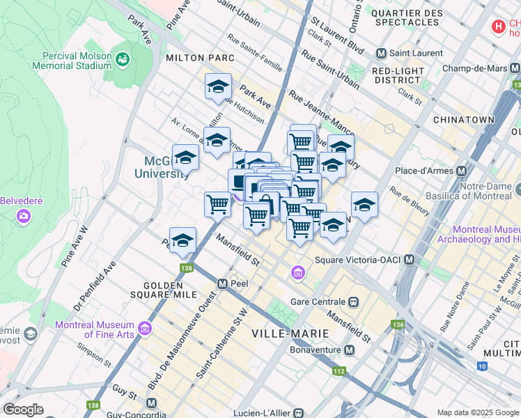 map of restaurants, bars, coffee shops, grocery stores, and more near in Montréal