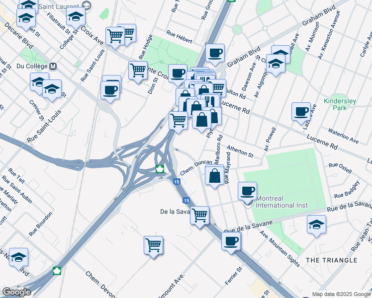 map of restaurants, bars, coffee shops, grocery stores, and more near 2429 Chemin Manella in Mont-Royal