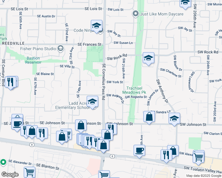 map of restaurants, bars, coffee shops, grocery stores, and more near 2168 Southwest 218th Place in Beaverton