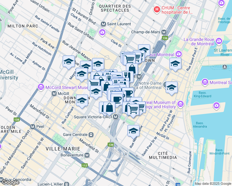 map of restaurants, bars, coffee shops, grocery stores, and more near 345 Rue De la Gauchetière Ouest in Montréal