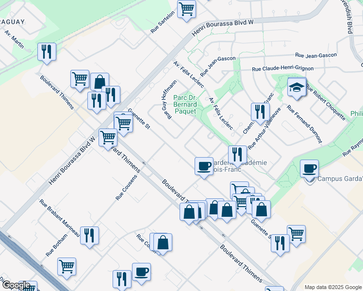 map of restaurants, bars, coffee shops, grocery stores, and more near 2738 Carré Denise-Pelletier in Montréal