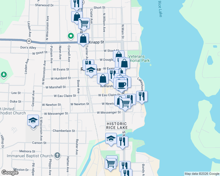 map of restaurants, bars, coffee shops, grocery stores, and more near 28 West Marshall Street in Rice Lake