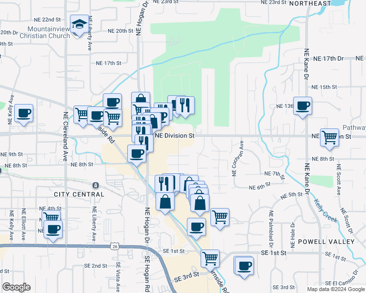 map of restaurants, bars, coffee shops, grocery stores, and more near 2150 Northeast Division Street in Gresham