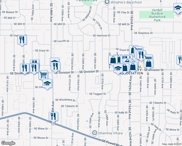 map of restaurants, bars, coffee shops, grocery stores, and more near 15516 Southeast Division Street in Portland