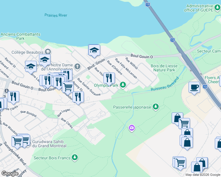 map of restaurants, bars, coffee shops, grocery stores, and more near 332 Rue Laurin in Montréal