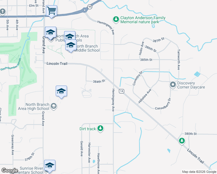 map of restaurants, bars, coffee shops, grocery stores, and more near 7271 384th Street in North Branch