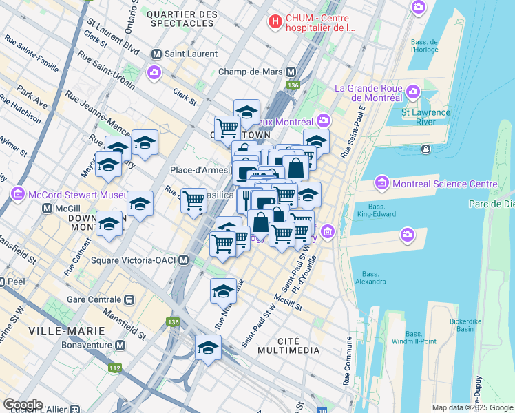 map of restaurants, bars, coffee shops, grocery stores, and more near 215 Rue Saint-Jacques in Montréal