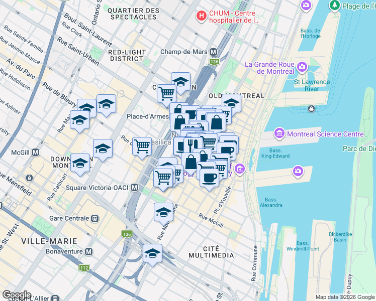 map of restaurants, bars, coffee shops, grocery stores, and more near 215 Rue Saint-Jacques in Montréal